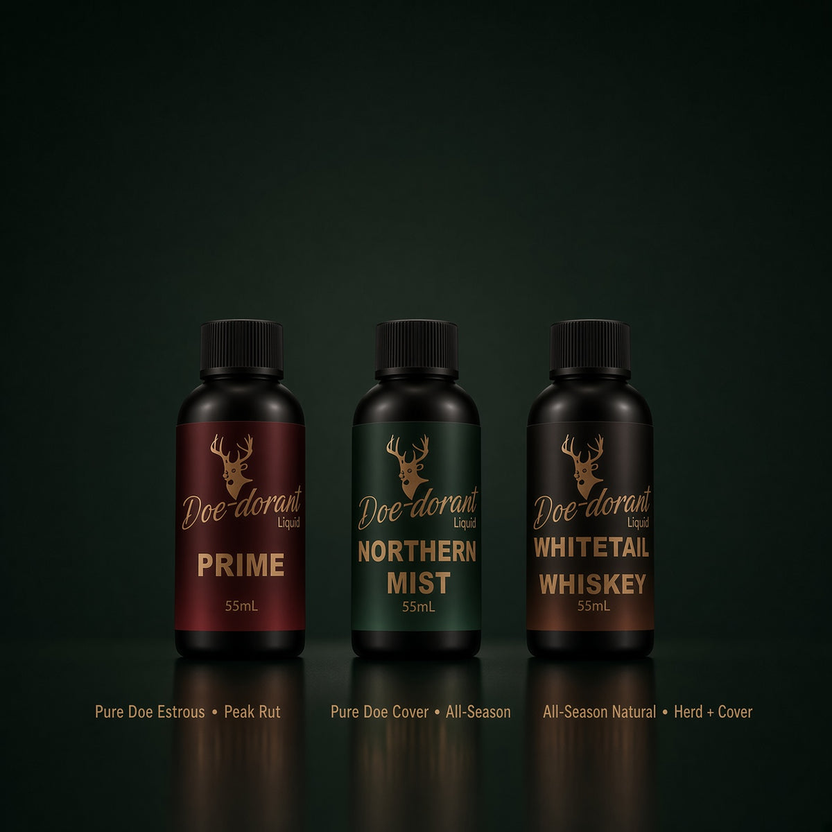 Three Doe-Dorant liquid scent bottles on a dark green reflective background: PRIME in burgundy, NORTHERN MIST in forest green, and WHITETAIL WHISKEY in brown. Gold deer logos and text are visible on each bottle.
