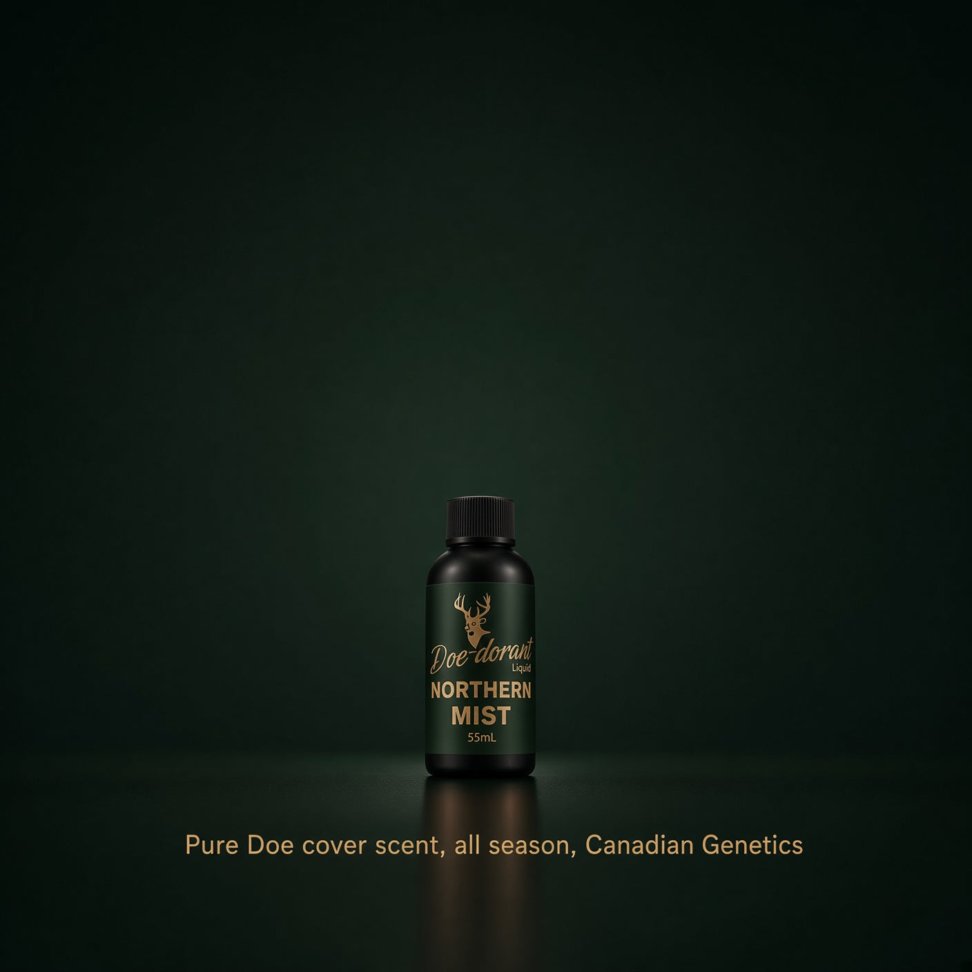 A small dark bottle labeled 'Doe Dorant Northern Mist 10ml' stands centered against a very dark green background, with gold text and a deer logo on the bottle. Smaller gold text below reads 'Pure Doe cover scent, all season, Canadian Genetics.