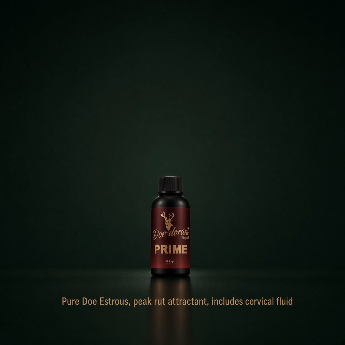 A small bottle of Doe Dorant PRIME peak rut attractant and cervical fluid, set against a dark green background with a reflective surface. Gold text and logo are visible on the bottle, and descriptive text is displayed below.