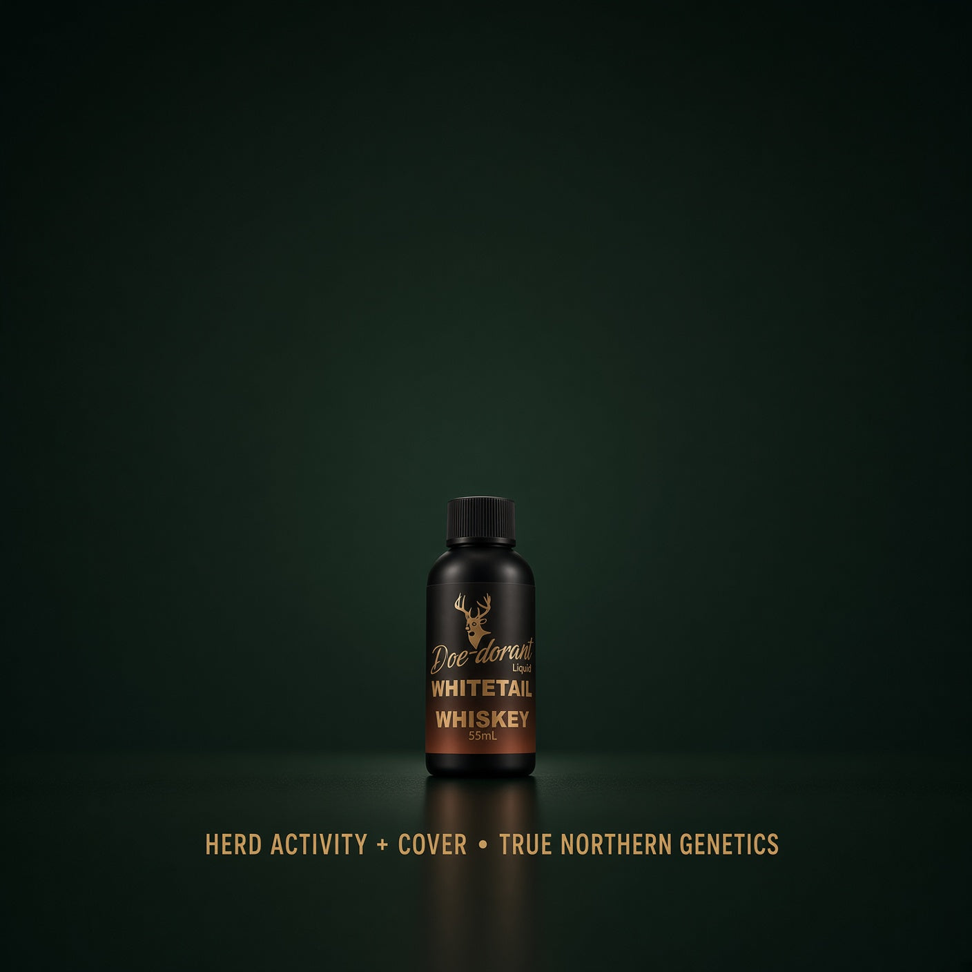 A small amber bottle of Doe Dorant Whitetail Whiskey centered on a dark green background, with gold text and logo on the bottle and additional gold text below reading 'HERD ACTIVITY + COVER + TRUE NORTHERN GENETICS'.
