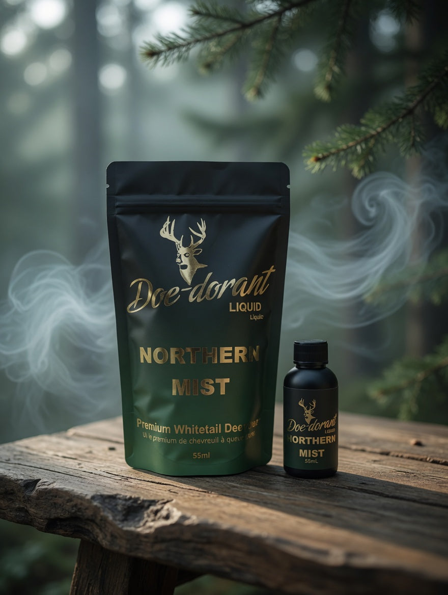 Doe-dorant Liquid Northern Mist packaging on a wooden surface with a forest background